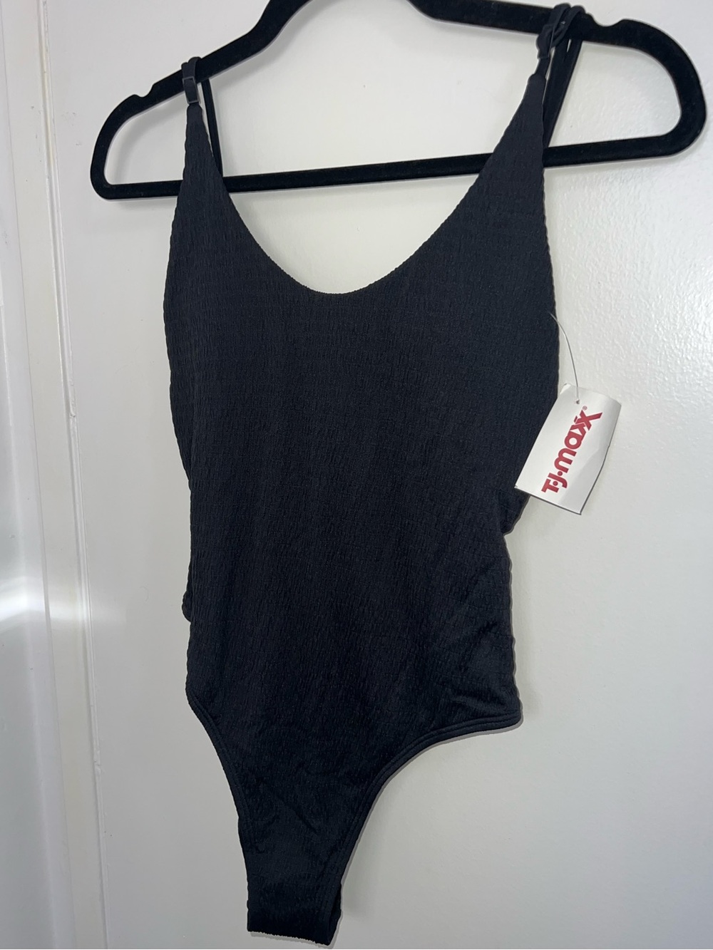 aerie Black Textured Scoop One-Piece Swimsuit with Adjustable Straps